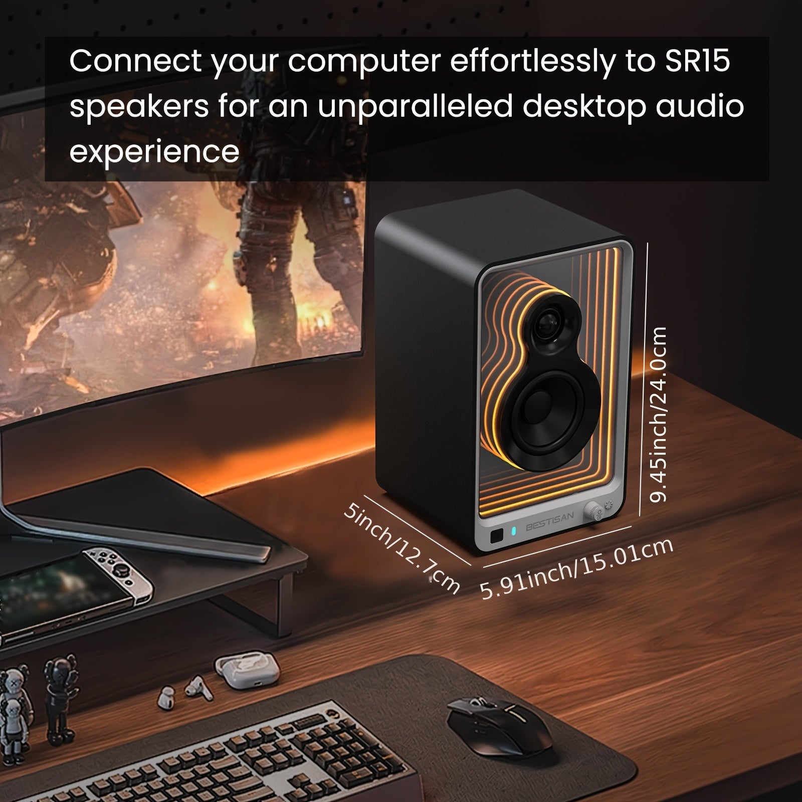 BESTISAN SR15 BT Bookshelf Home Speakers, Active Stereo Speakers for TV/Record Player with Subwoofer Out and Light Effects, Turntable Speakers with Optical/ARC/RCA Inputs for PC and TVs