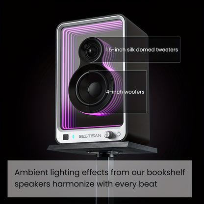 BESTISAN SR15 BT Bookshelf Home Speakers, Active Stereo Speakers for TV/Record Player with Subwoofer Out and Light Effects, Turntable Speakers with Optical/ARC/RCA Inputs for PC and TVs