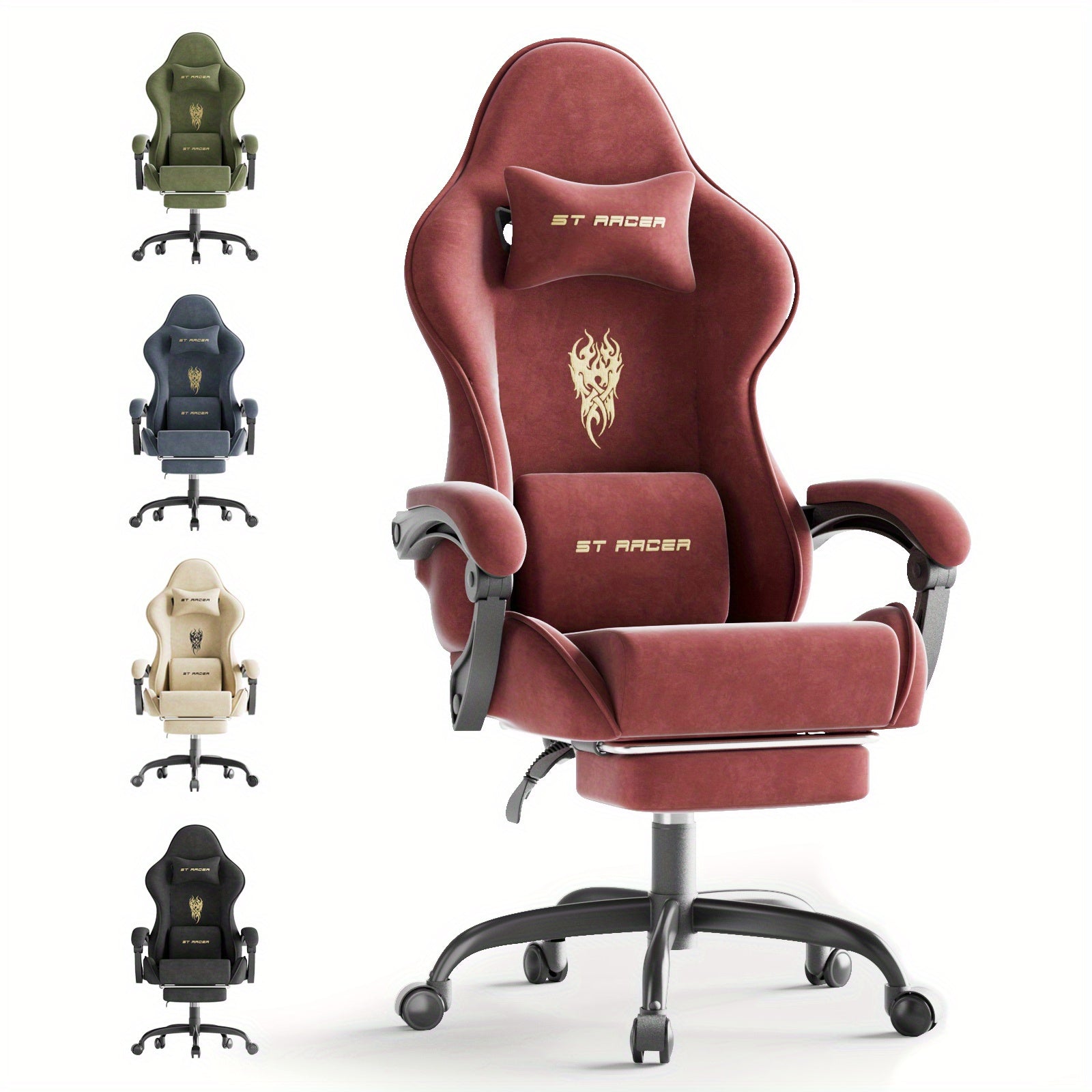 STRACER Velvet Fabric Gaming Chair With Footrest High Back Ergonomic Gamer Chair With Headrest And Massage Lumbar Cushion Racing Reclining Video Game Chair