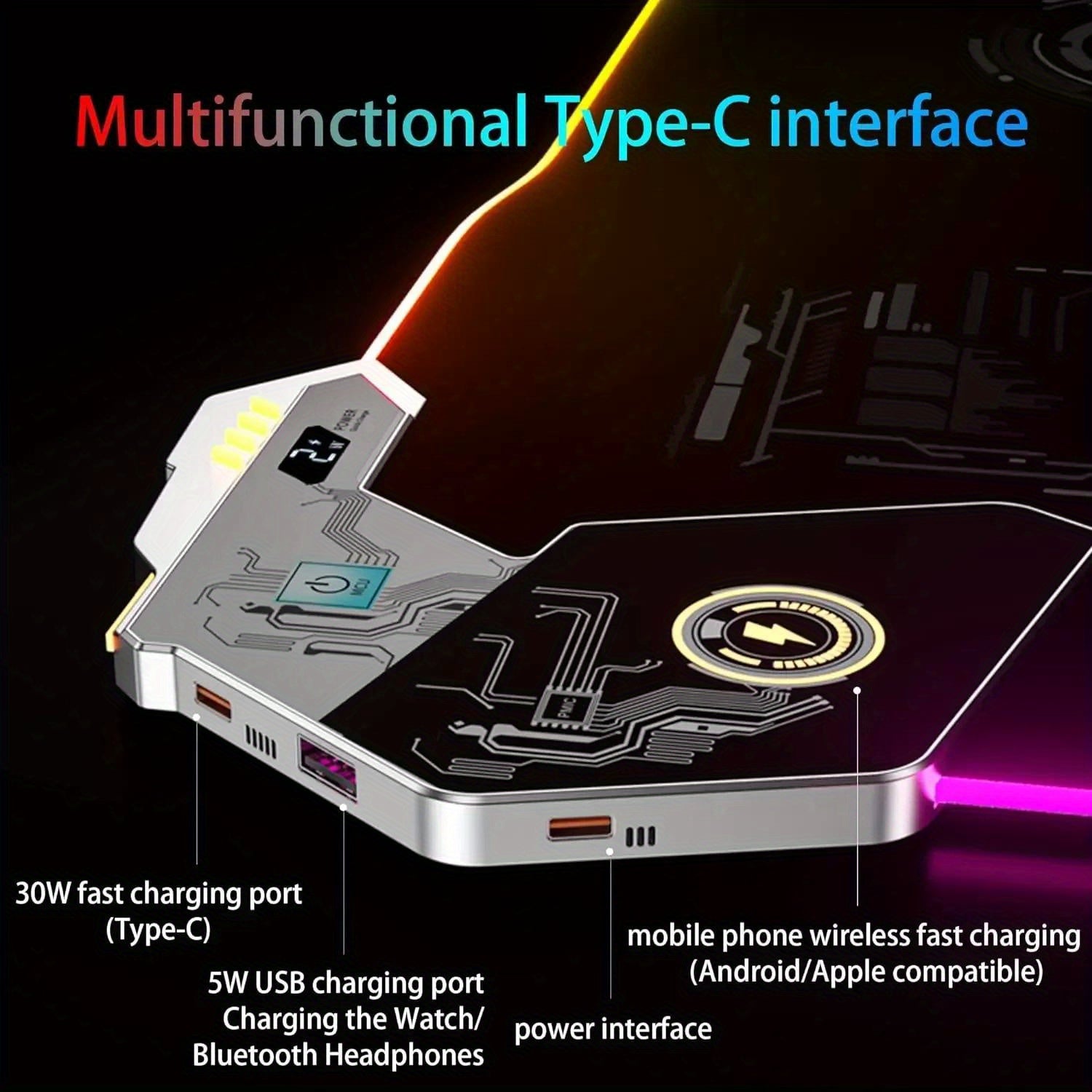 Extra-Large Glow-in-the-Dark 15W RGB Charging Mouse Pad - Fast Charge Desk Mat for Gaming &amp; Office Use - Phones, Laptops &amp; Tablets