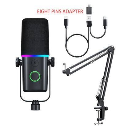 ZealSound XLR/USB Dynamic Microphone for Gaming &amp; Podcasting – Black with RGB Light, Mute Button, Mic Gain Control, Headphones Jack, Boom Arm Stand, 8 Pin Adapter Included – Perfect for Streaming, Singing, Video Conferencing