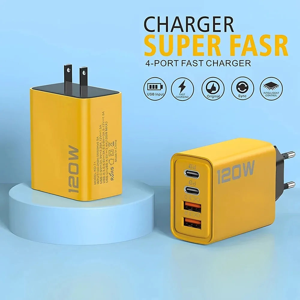 4 Port USB Charger Total 120W Type C Fast Charge Mobile Phone Adapter For IOS/ANDROID Quick Charge Wall Charger