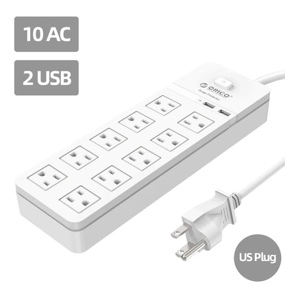 US Plug Power Strip with 10AC Outlets 2 USB Ports Extension Cable Electrical Socket For Home Office White Power Strips