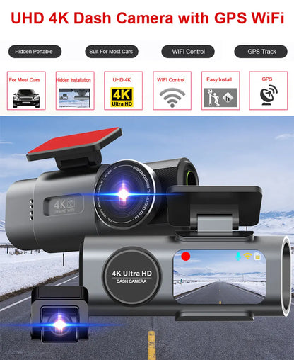 Dash Cam 4K UHD Recording Car Camera DVR Night Vision Video Recorder Built-In Wi-Fi Support GPS 24H Parking