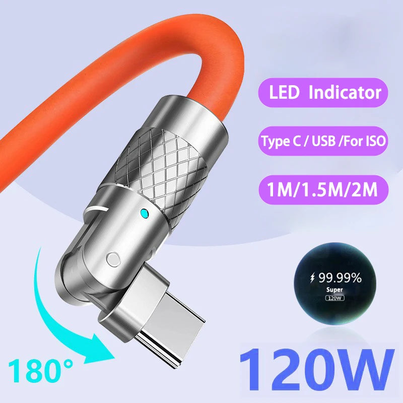 120W 7A Fast Charge USB Type C Cable 180 Degree Rotation Elbow Cable for Game for Xiaomi Redmi Honor Phone Charger USB C Cable
