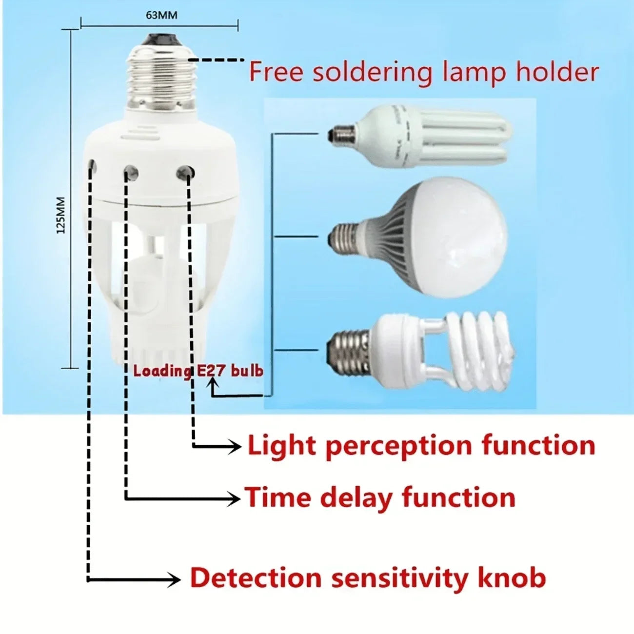 E27 Motion Sensor Light Socket PIR Induction Adjust Delay Time 85V-265V E27 Converter LED Lamp Base Smart Light Bulb Switch