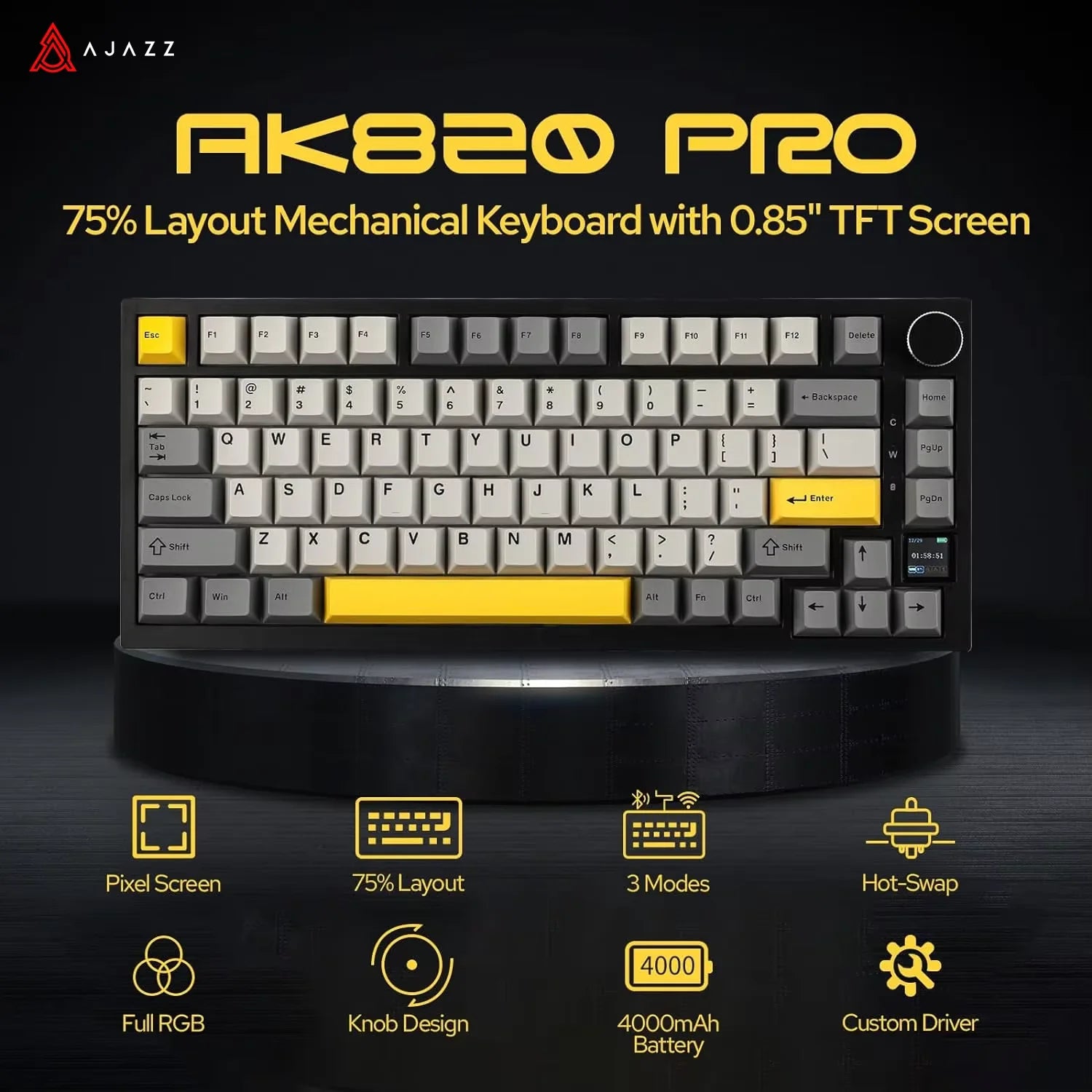 AJAZZ AK820/AK820Pro Mechanical Keyboard TFT Screen Multifunctional Knob Gaming Keyboard Wired/2.4GHz/BT Connect PC Keyboard