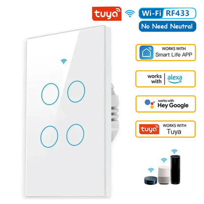 Tuya US WiFi Smart Wall Switch RF433 1/2/3/4 Gang No Neutral Wire Touch Sensor LED Light Switches Smart Home Alexa Google Home