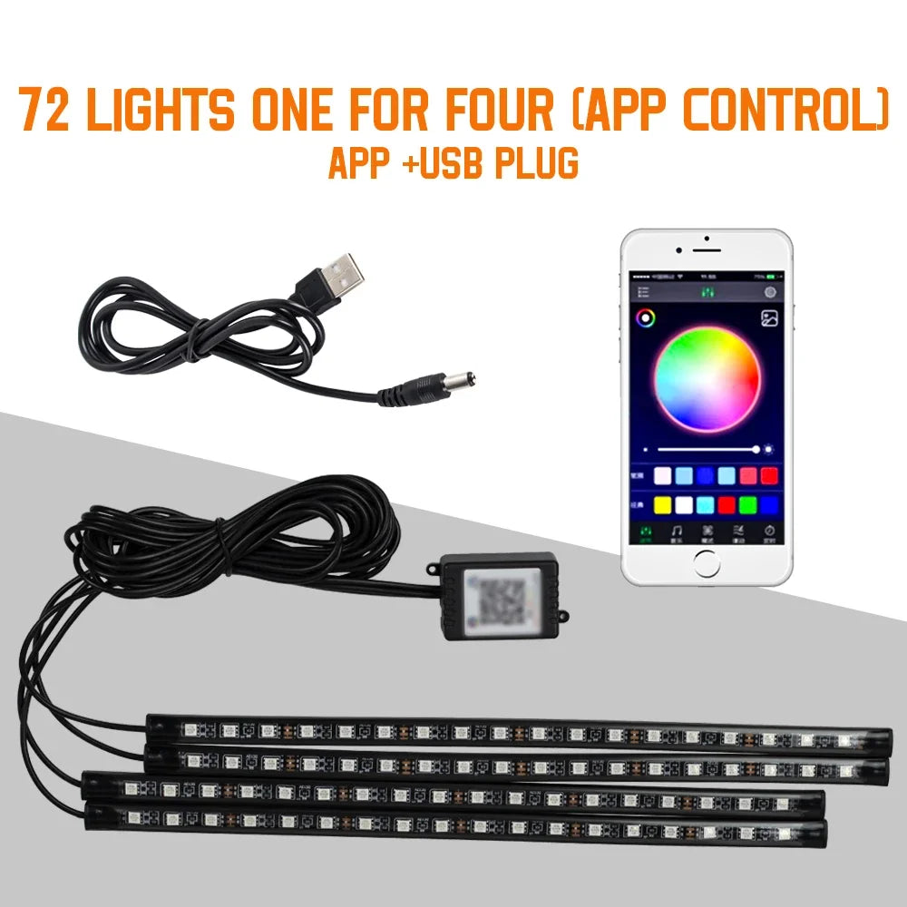 Neon 36 48 72 LED Car Interior Ambient Foot Light Wireless Remote Music APP Control Auto RGB Atmosphere Decorative Lamp