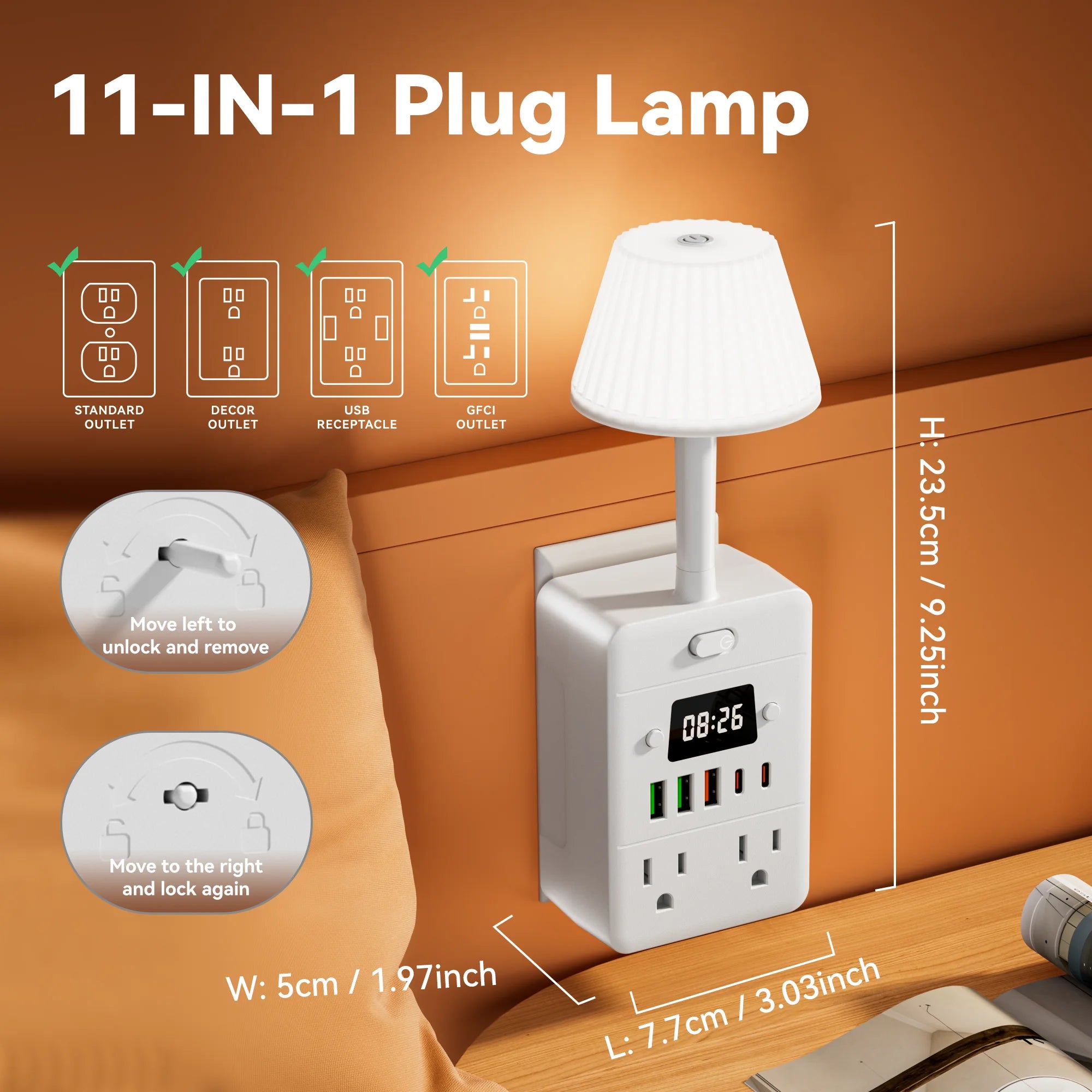 Standard Power Strip Extender with 1 Digital Display Clock, 1 Desk Lamp, 4 AC Outlets, 3 USB &amp; 2 Type-C Ports. Power Socket