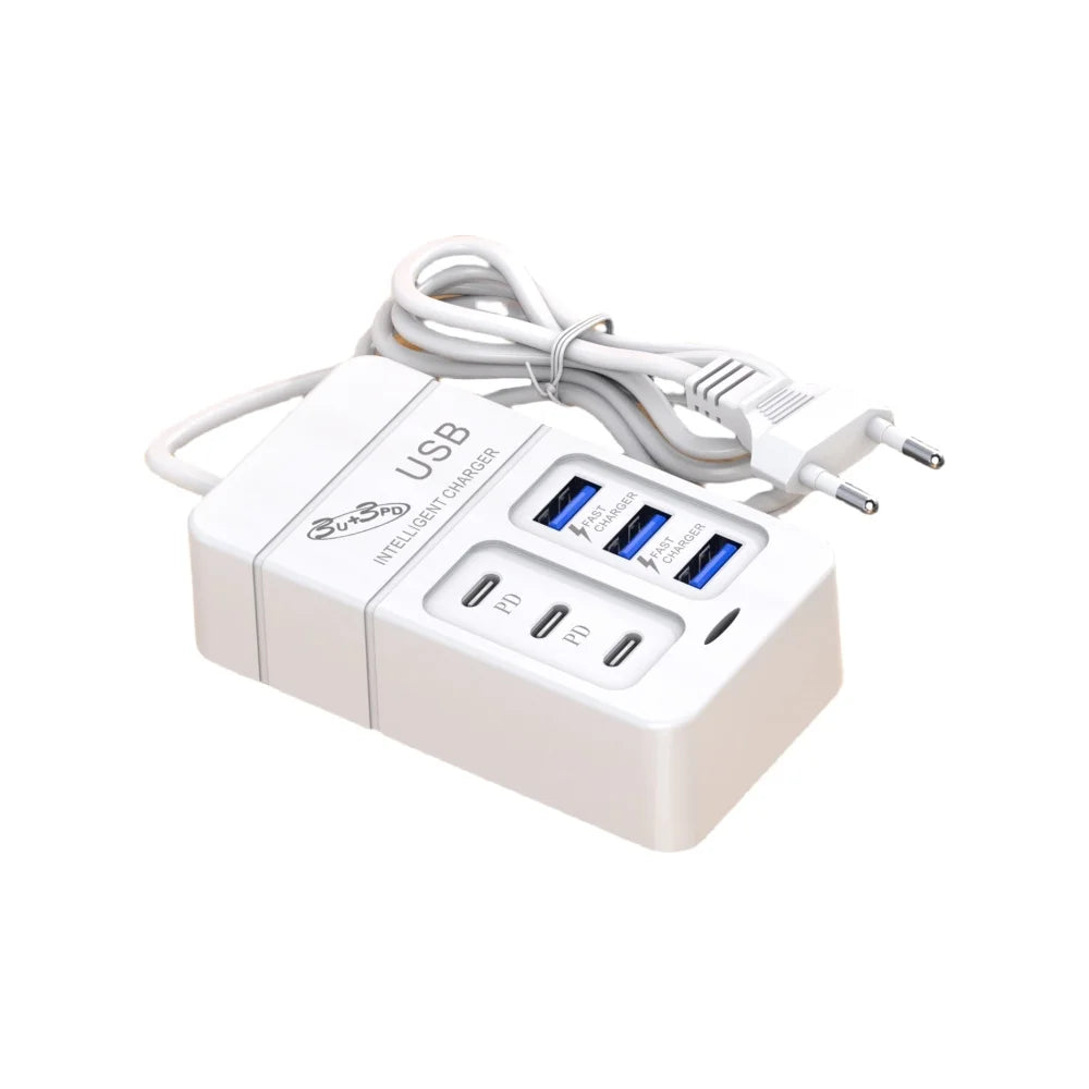 6-in-1 Surge Protector 6-Outlet Extender with 3 USB &amp; 3 Type C Ports Power Strip Multi Plug Outlets Wall Adapter Spaced for Home