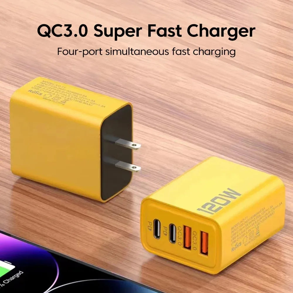 4 Port USB Charger Total 120W Type C Fast Charge Mobile Phone Adapter For IOS/ANDROID Quick Charge Wall Charger