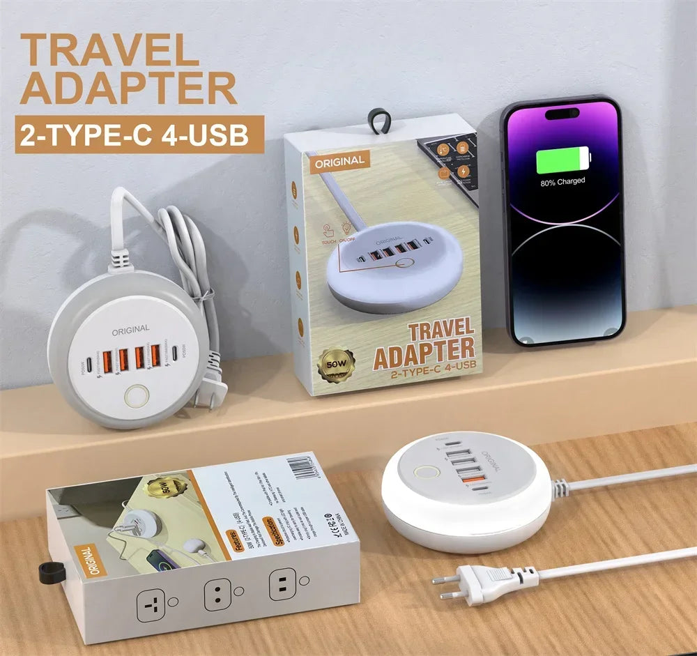 PD 50W Multi Port Charger Type C Fast Charging EU US Plug Wall Charger 6 Port USB Quick Phone Charger With Touch LED/ Fill Light