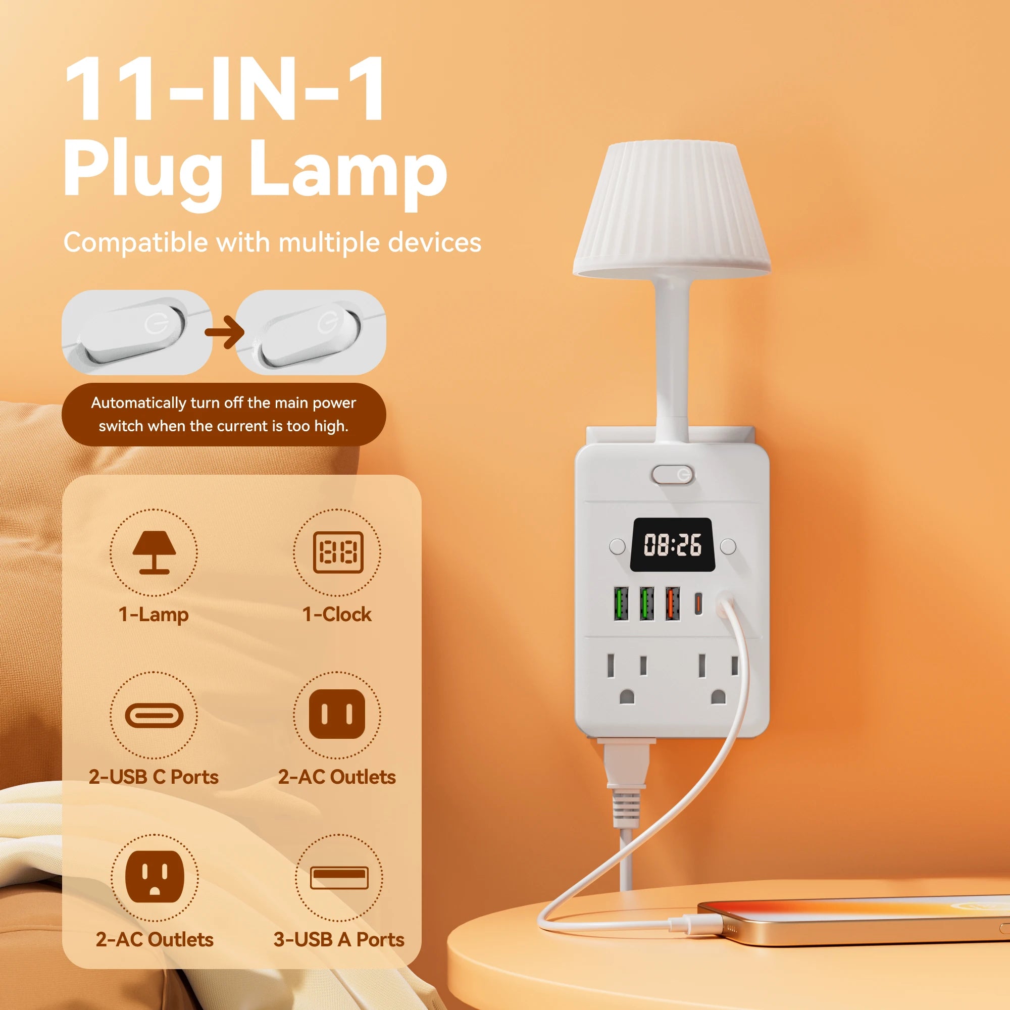 Standard Power Strip Extender with 1 Digital Display Clock, 1 Desk Lamp, 4 AC Outlets, 3 USB &amp; 2 Type-C Ports. Power Socket
