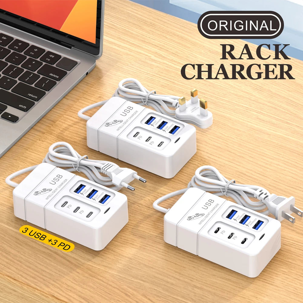 6-in-1 Surge Protector 6-Outlet Extender with 3 USB &amp; 3 Type C Ports Power Strip Multi Plug Outlets Wall Adapter Spaced for Home