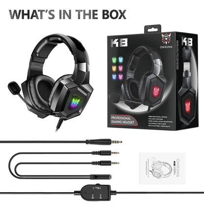 ONIKUMA K8 Wired Gaming Headphones with Flexible HD Mic RGB Lighting Effect Over-Ear Wired Headset Gamer for PC Gaming Xbox