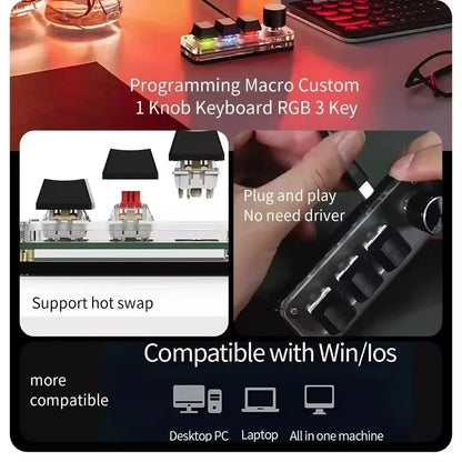 USB Mechanical Keyboard for Photoshop 3 Keys 1 Knob RGB Programming Macro Gaming Custom Programming Knob Keypads Mini Keyboard