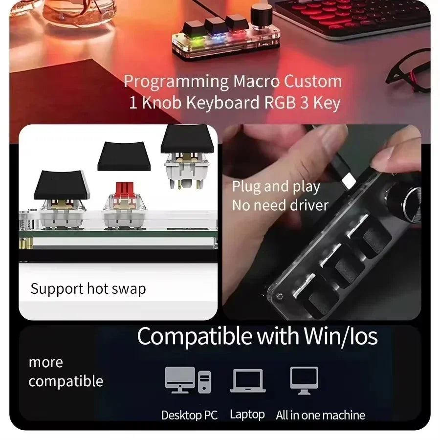 USB Mechanical Keyboard for Photoshop 3 Keys 1 Knob RGB Programming Macro Gaming Custom Programming Knob Keypads Mini Keyboard