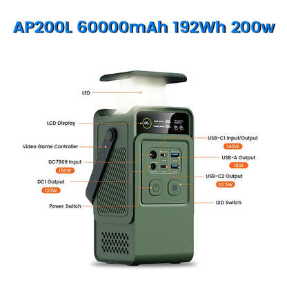 200W Power Bank 192Wh Lifepo4 Battery 60000mAh Solar Generator for Camping Portable Power Station