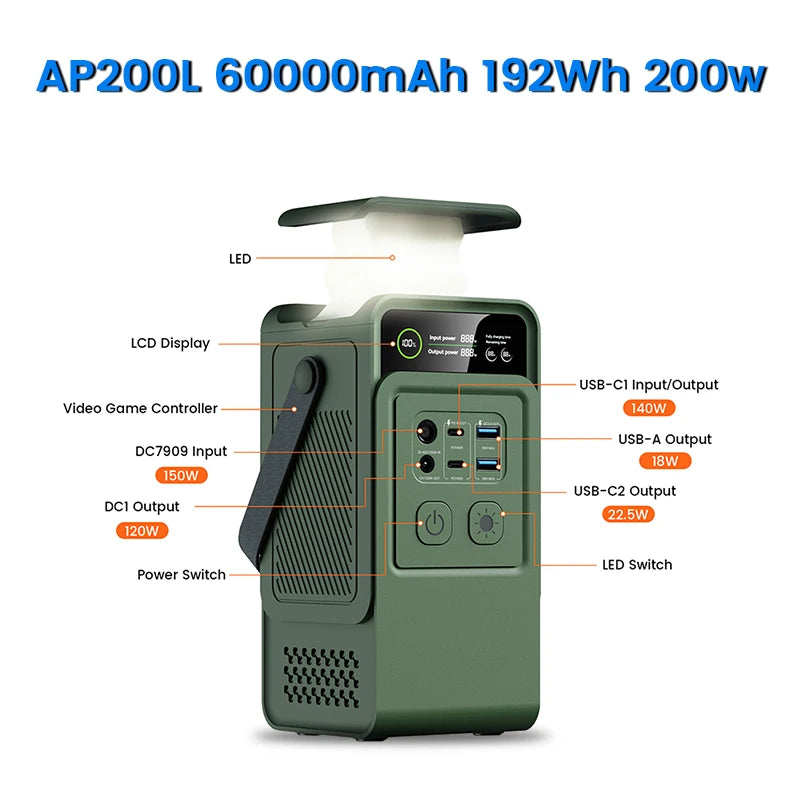 200W Power Bank 192Wh Lifepo4 Battery 60000mAh Solar Generator for Camping Portable Power Station