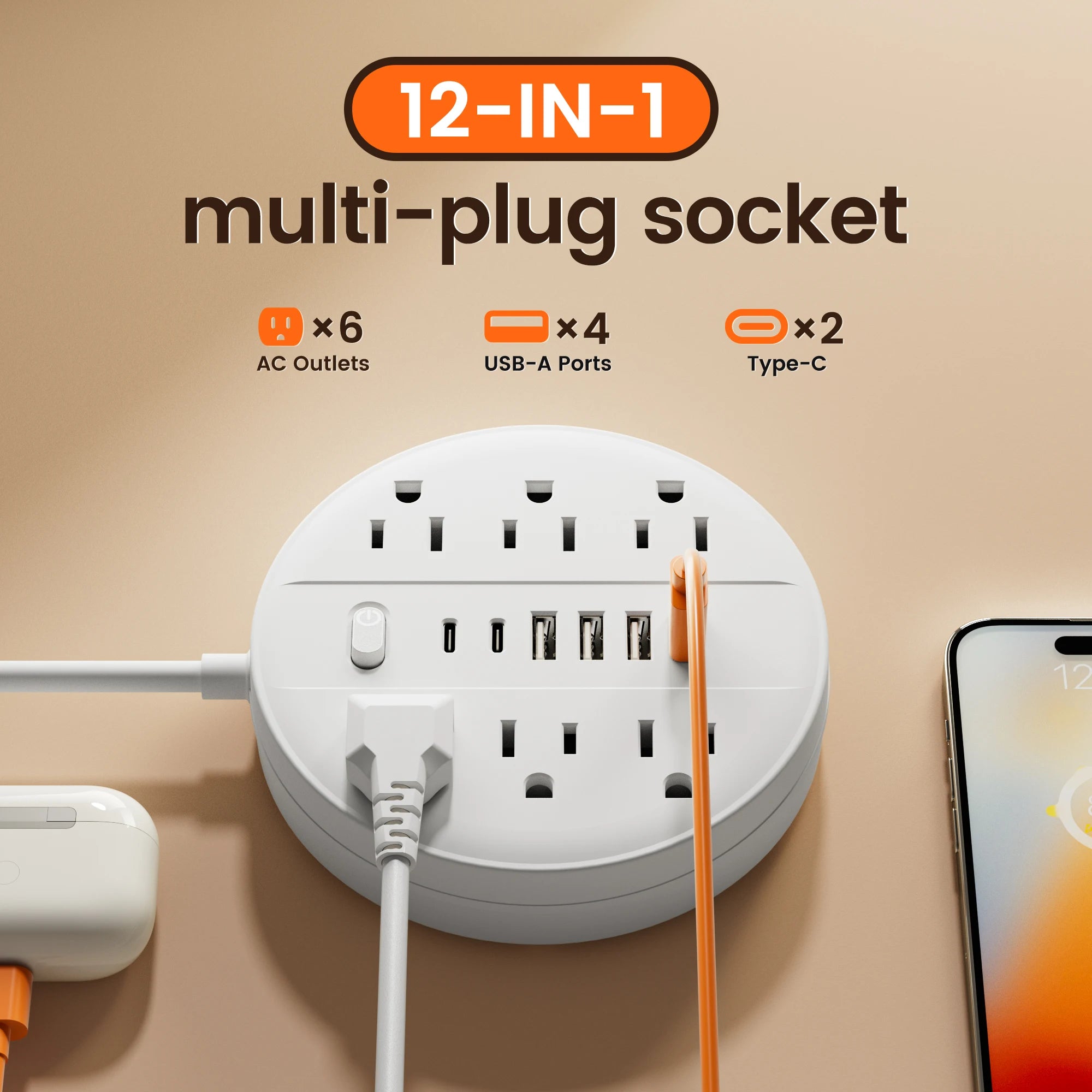 US Power strip Surge protection and control switches. 6 AC outlets and 6 USB ports (2 TYPE-C ports) 5 ft/10 ft cord optional