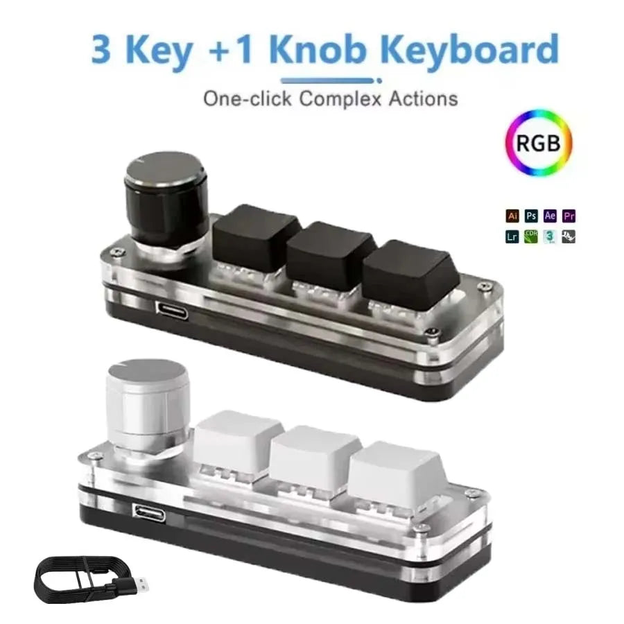 USB Mechanical Keyboard for Photoshop 3 Keys 1 Knob RGB Programming Macro Gaming Custom Programming Knob Keypads Mini Keyboard