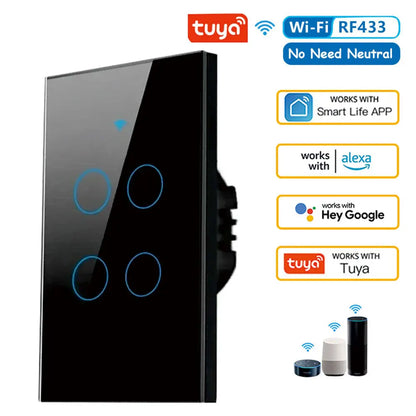 Tuya US WiFi Smart Wall Switch RF433 1/2/3/4 Gang No Neutral Wire Touch Sensor LED Light Switches Smart Home Alexa Google Home