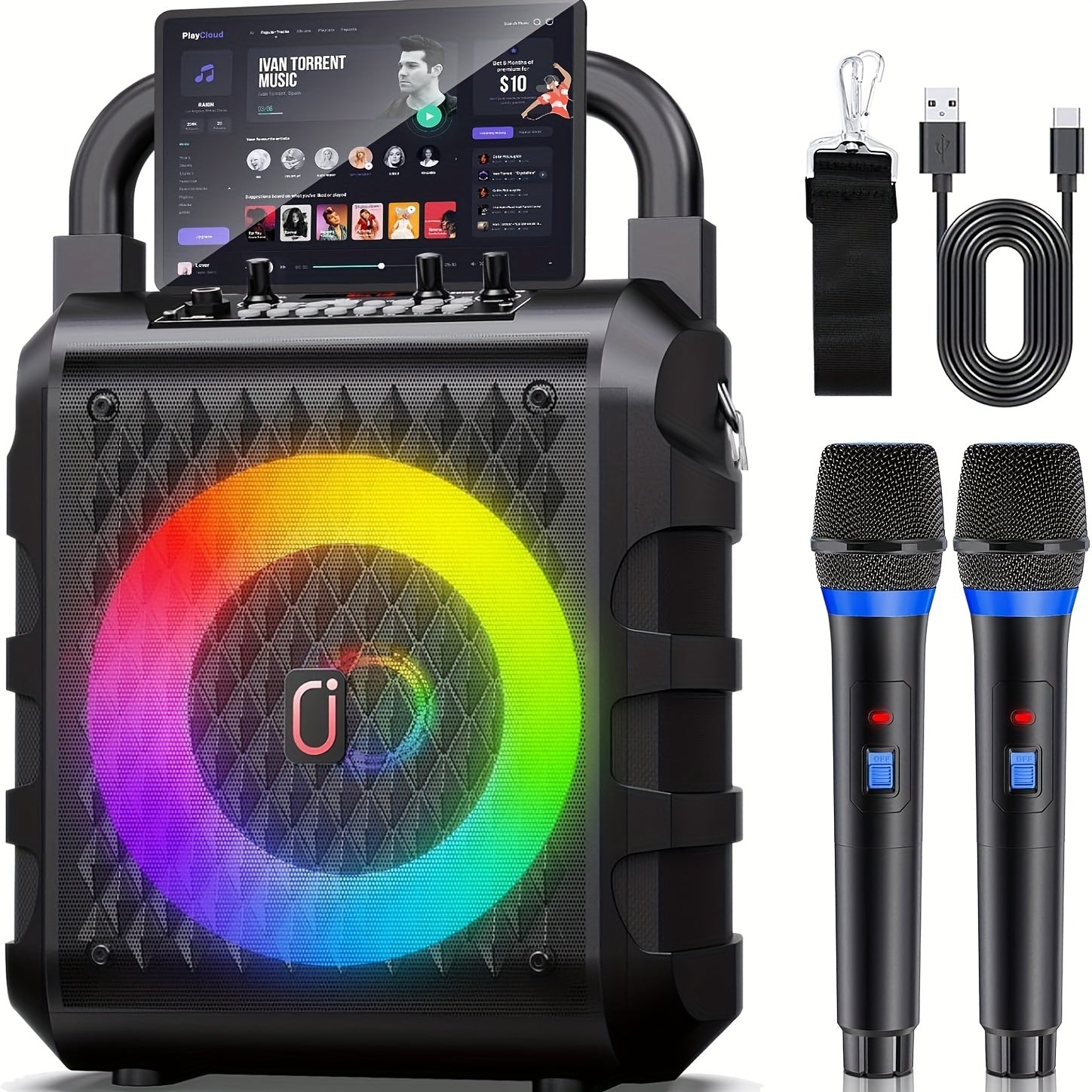Hot-selling Model In 2025, with 2 Wireless Microphones, RGB Atmosphere Lighting, BT Speaker, Support USB/TF/AUX, Portable, Portable Speaker, Home, Outdoor, Holiday Gift, JYX Brand.