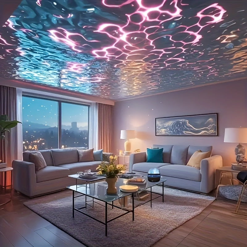 1pc Water Ripple Effect Atmosphere Projector Lamp - USB-C &amp; Battery Powered LED Starry Sky Lighting with Remote Control, Color Changing Ambient Mood Light for Bedroom, Living Room, Holiday Gift, Sunset Lamp Projector