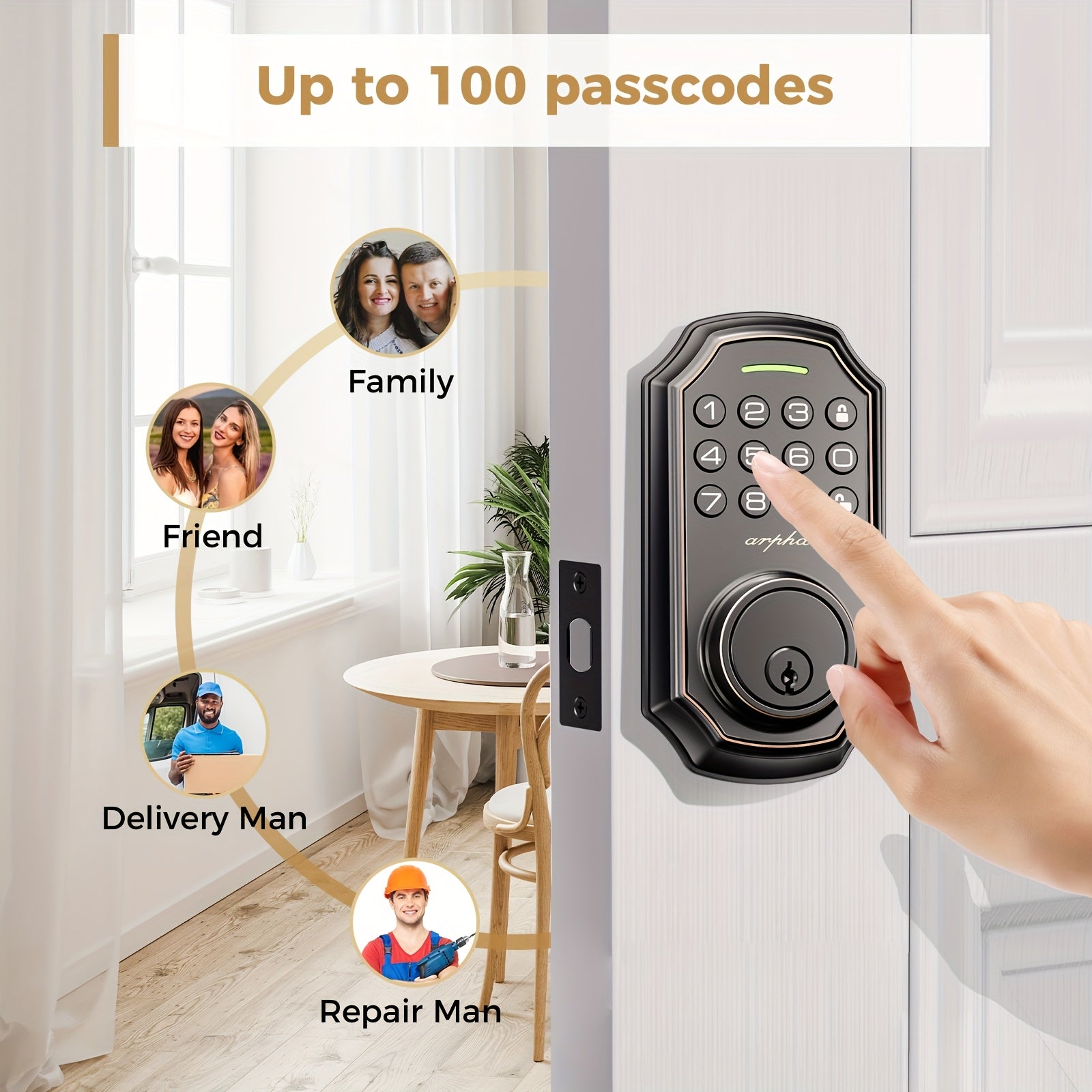Arpha Smart Keyless Entry Door Lock - 100 Code Anti-Peek Combination, Auto Lock/Unlock, Easy Installation, Black & Orange, Low Battery Alarm, for Secure Home Access, Anti-Peeking, Smart Door Lock, One Touch Lock, Strong and H