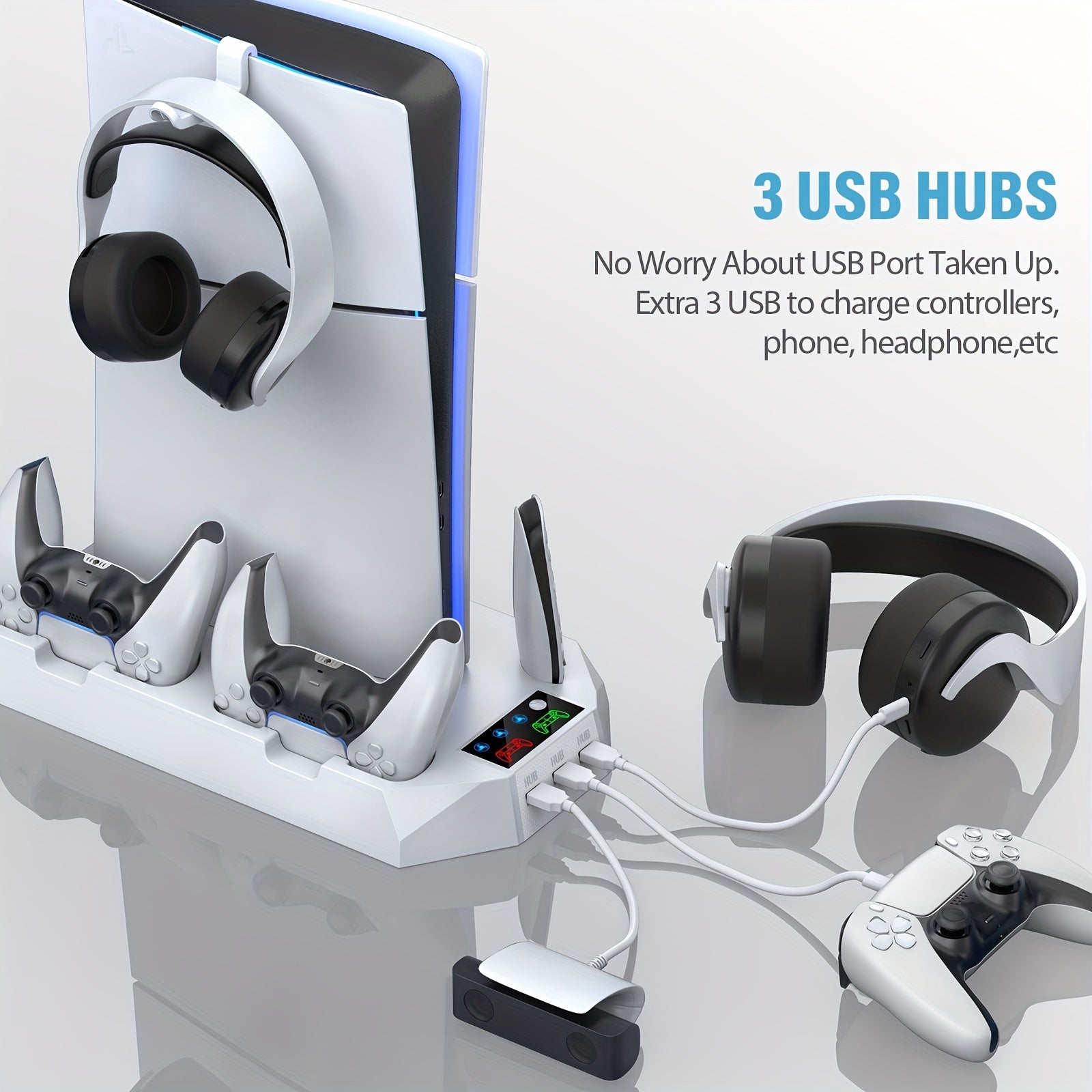 Cooling Station for PS5, Controller Charging Station for Playsation 5 Slim/ PS5 Pro/&amp;Standard Disc/Digital Console, PS5 Accessories Incl. Controller Charger/Turbo Fan/3 USB Hub/Headset Holder, Christmas Gift, USB Length 19 In