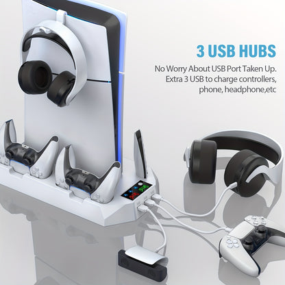 Cooling Station for PS5, Controller Charging Station for Playsation 5 Slim/ PS5 Pro/&Standard Disc/Digital Console, PS5 Accessories Incl. Controller Charger/Turbo Fan/3 USB Hub/Headset Holder, Christmas Gift, USB Length 19 In