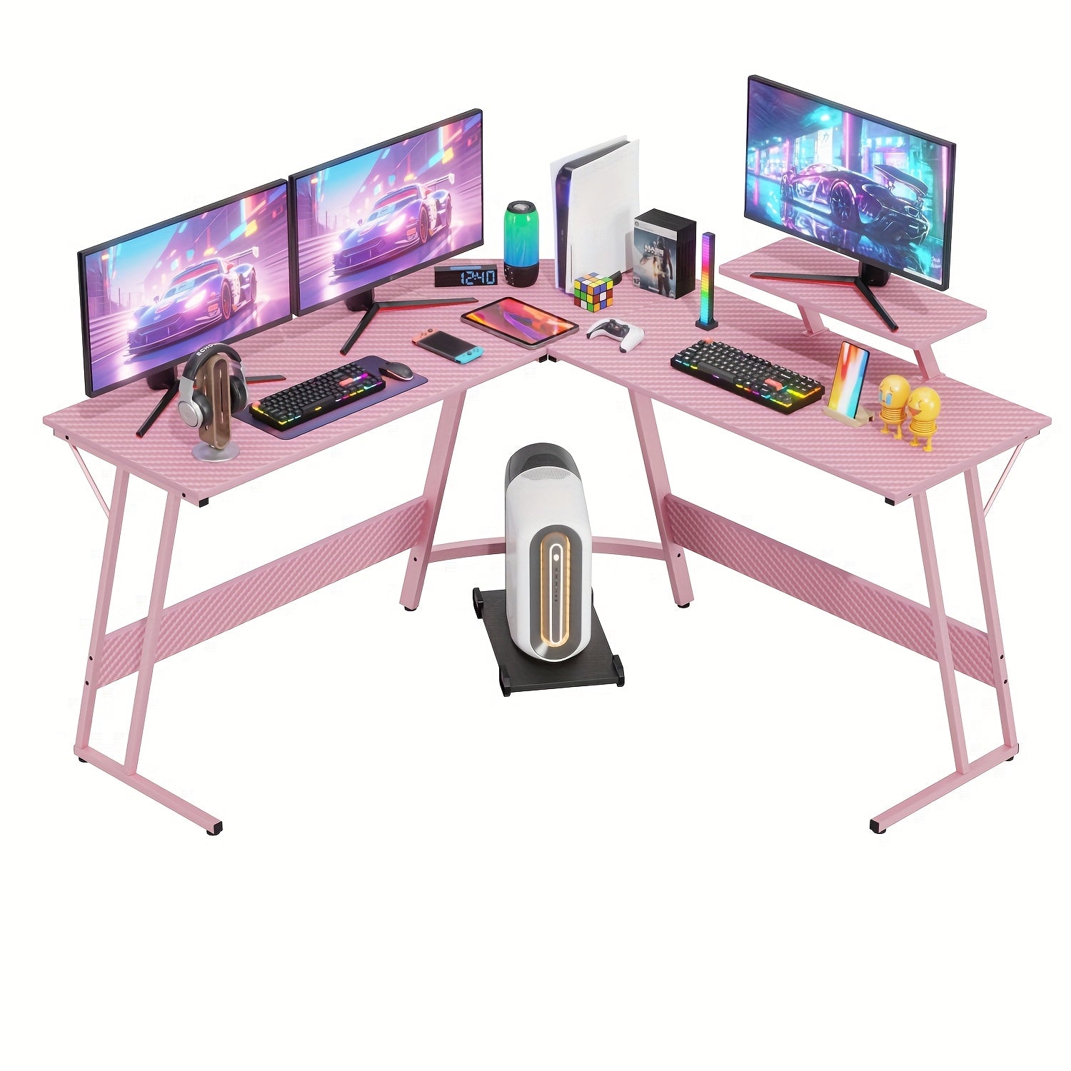 51 Inch Gaming Desk L Shaped Desk Corner Computer Desk Black Pink Desk with Large Monitor Stand Carbon Fiber Surface, Modern Design Suitable for Office And Workspace, Game Room