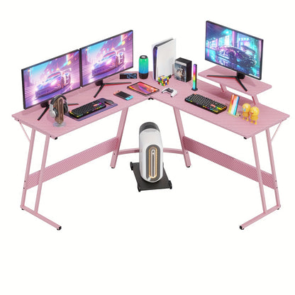 51 Inch Gaming Desk L Shaped Desk Corner Computer Desk Black Pink Desk with Large Monitor Stand Carbon Fiber Surface, Modern Design Suitable for Office And Workspace, Game Room