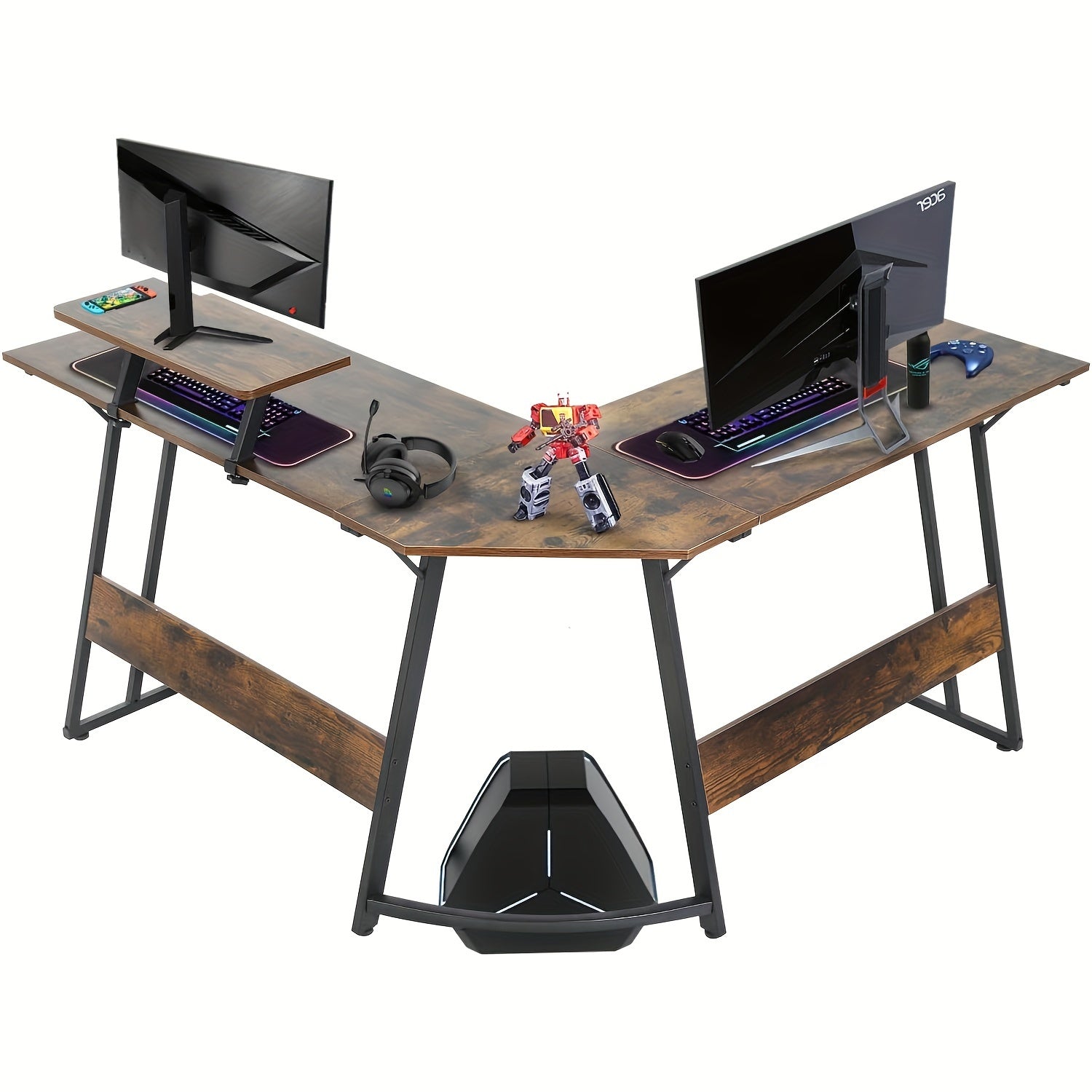 51 Inch Gaming Desk L Shaped Desk Corner Computer Desk Black Pink Desk with Large Monitor Stand Carbon Fiber Surface, Modern Design Suitable for Office And Workspace, Game Room
