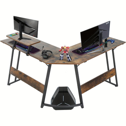 51 Inch Gaming Desk L Shaped Desk Corner Computer Desk Black Pink Desk with Large Monitor Stand Carbon Fiber Surface, Modern Design Suitable for Office And Workspace, Game Room