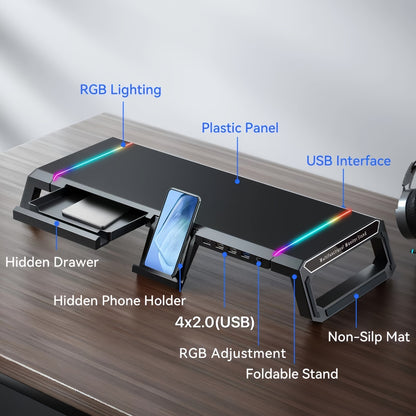 Essential For The Start Of School Season 1pc ICE COOREL Computer Monitor Height Stand (4 Ports), A Multi-functional Foldable Office Desktop Stand With RGB Lighting For Mini PC, And A Bottom That Can Store A Mouse And Keyboard