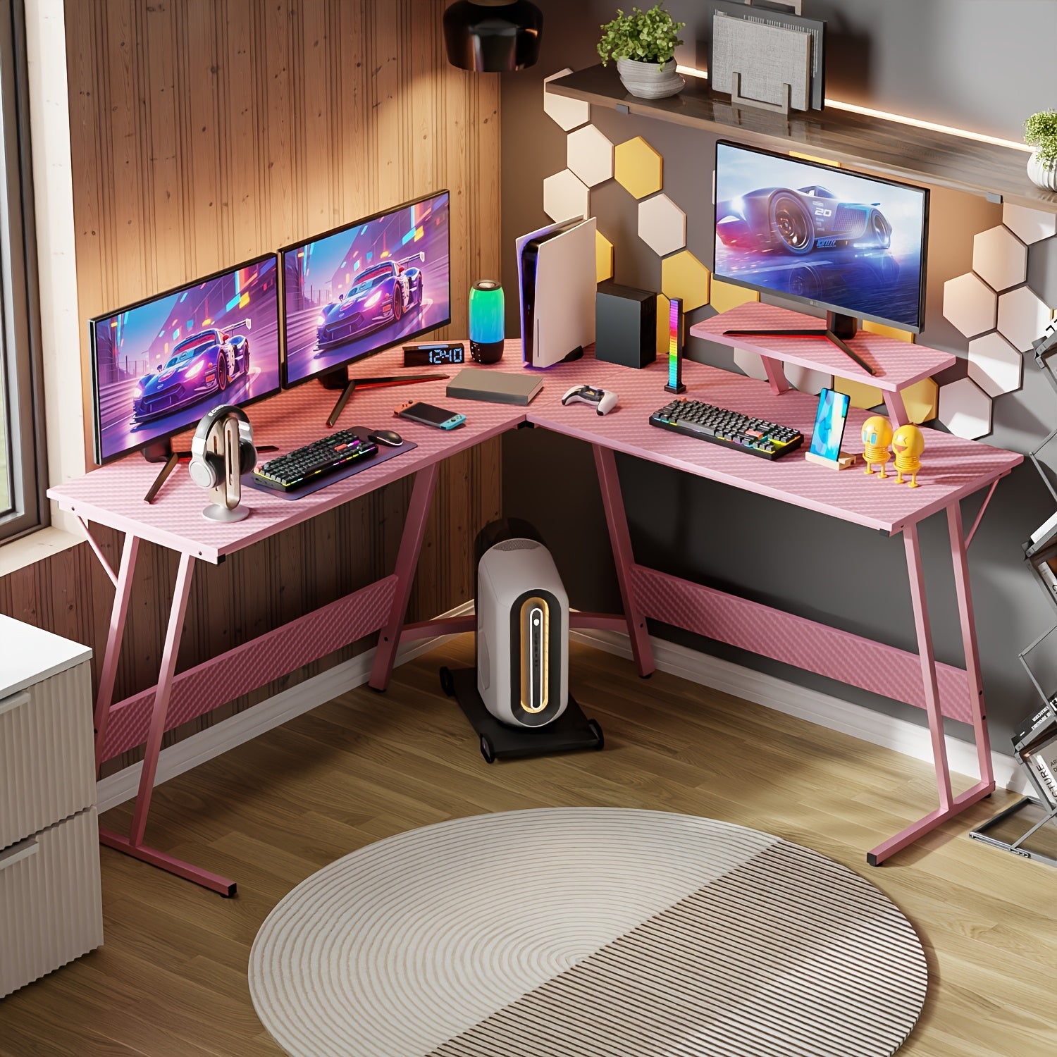 51 Inch Gaming Desk L Shaped Desk Corner Computer Desk Black Pink Desk with Large Monitor Stand Carbon Fiber Surface, Modern Design Suitable for Office And Workspace, Game Room