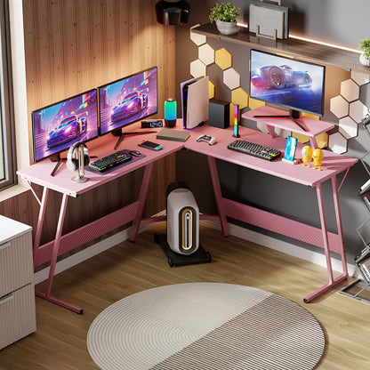 51 Inch Gaming Desk L Shaped Desk Corner Computer Desk Black Pink Desk with Large Monitor Stand Carbon Fiber Surface, Modern Design Suitable for Office And Workspace, Game Room