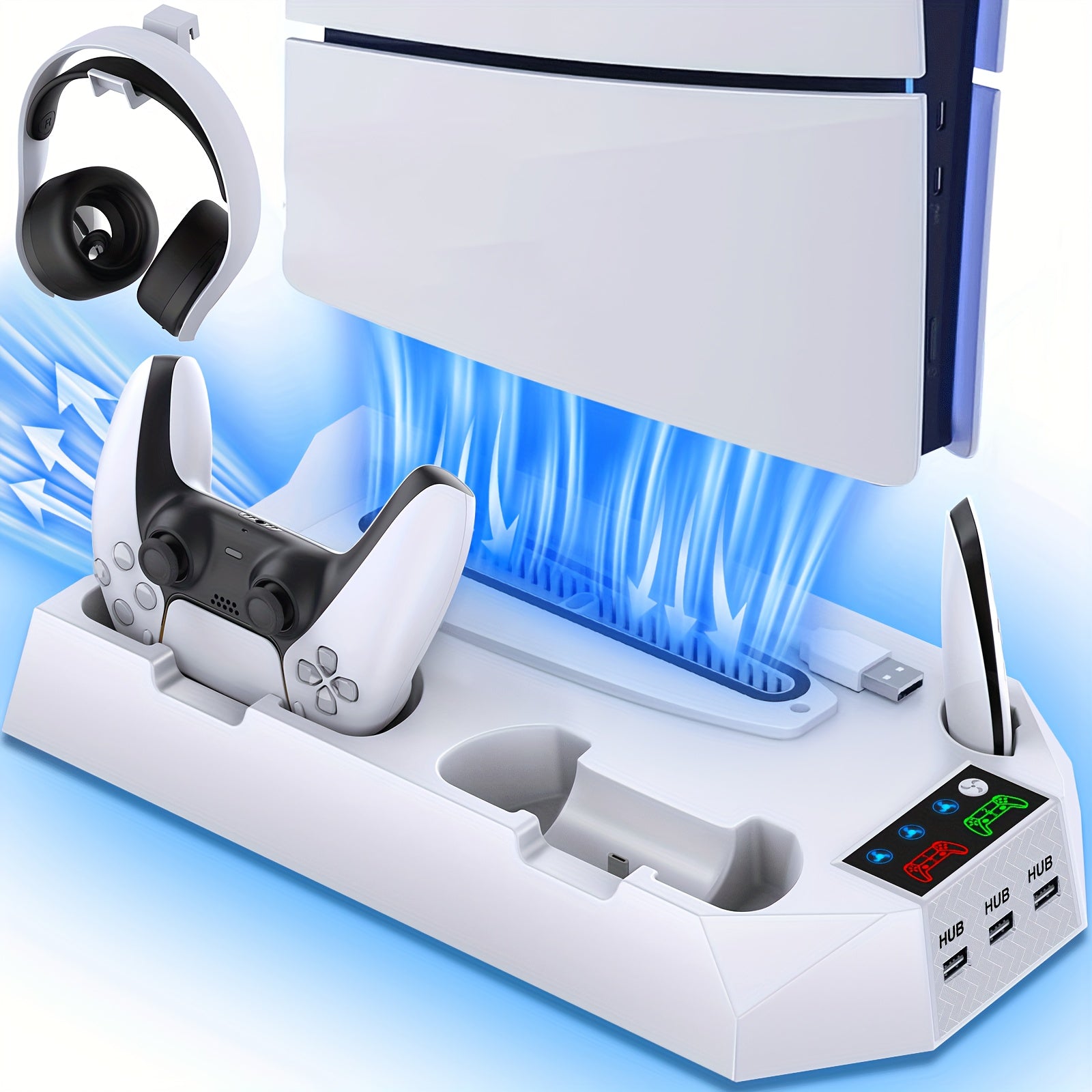 Cooling Station for PS5, Controller Charging Station for Playsation 5 Slim/ PS5 Pro/&amp;Standard Disc/Digital Console, PS5 Accessories Incl. Controller Charger/Turbo Fan/3 USB Hub/Headset Holder, Christmas Gift, USB Length 19 In