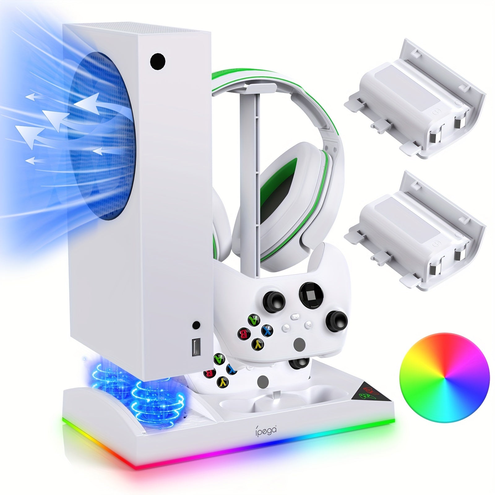 Upgrade RGB Cooling Fan Stand for Xbox Series S Console - 15 Colorful Lights, Dual Controller Charging Station & Cooler Base System - For Xbox Series S - With 2 * 1400mAh Rechargeable Battery - Perfect Gift for Gamers