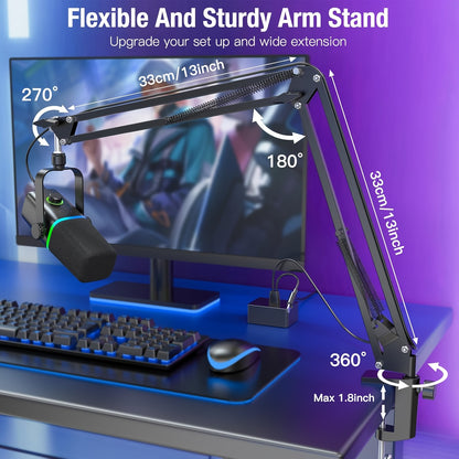 ZealSound XLR/USB Dynamic Microphone for Gaming &amp; Podcasting – Black with RGB Light, Mute Button, Mic Gain Control, Headphones Jack, Boom Arm Stand, 8 Pin Adapter Included – Perfect for Streaming, Singing, Video Conferencing