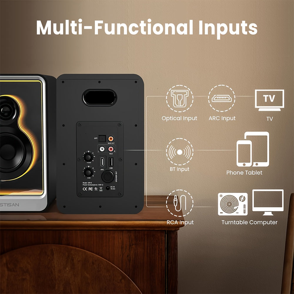 BESTISAN SR15 BT Bookshelf Home Speakers, Active Stereo Speakers for TV/Record Player with Subwoofer Out and Light Effects, Turntable Speakers with Optical/ARC/RCA Inputs for PC and TVs