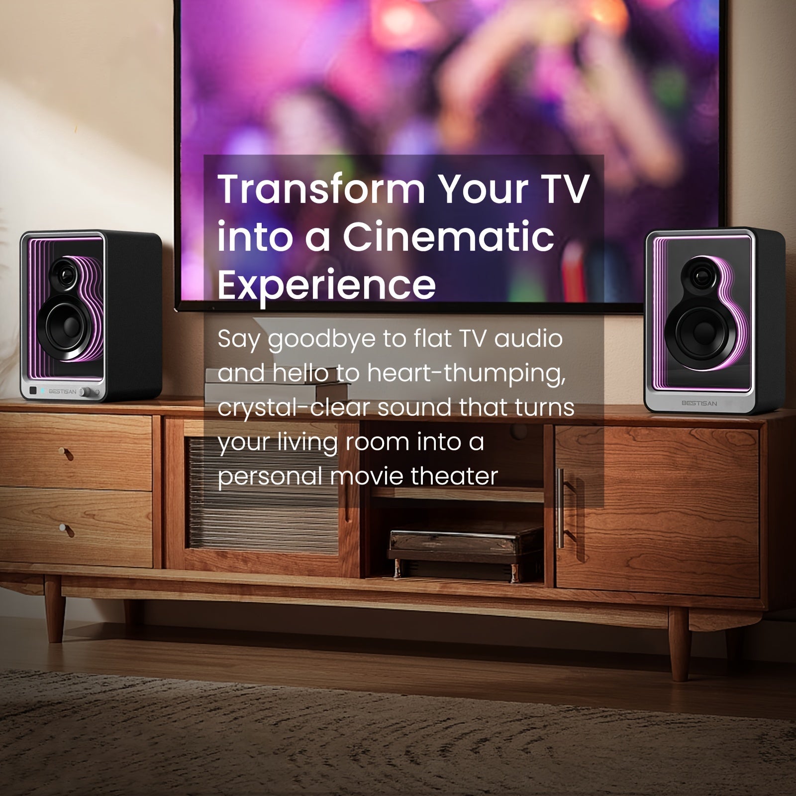 BESTISAN SR15 BT Bookshelf Home Speakers, Active Stereo Speakers for TV/Record Player with Subwoofer Out and Light Effects, Turntable Speakers with Optical/ARC/RCA Inputs for PC and TVs