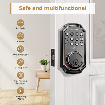 Arpha Smart Keyless Entry Door Lock - 100 Code Anti-Peek Combination, Auto Lock/Unlock, Easy Installation, Black & Orange, Low Battery Alarm, for Secure Home Access, Anti-Peeking, Smart Door Lock, One Touch Lock, Strong and H